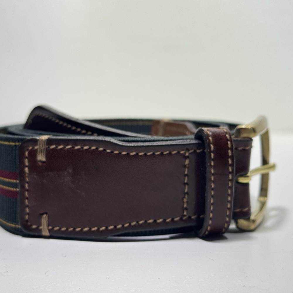 Trafalgar Green Striped Canvas Belt with Leather Tabs USA Mens 36 Brass Buckle - Picture 2 of 9